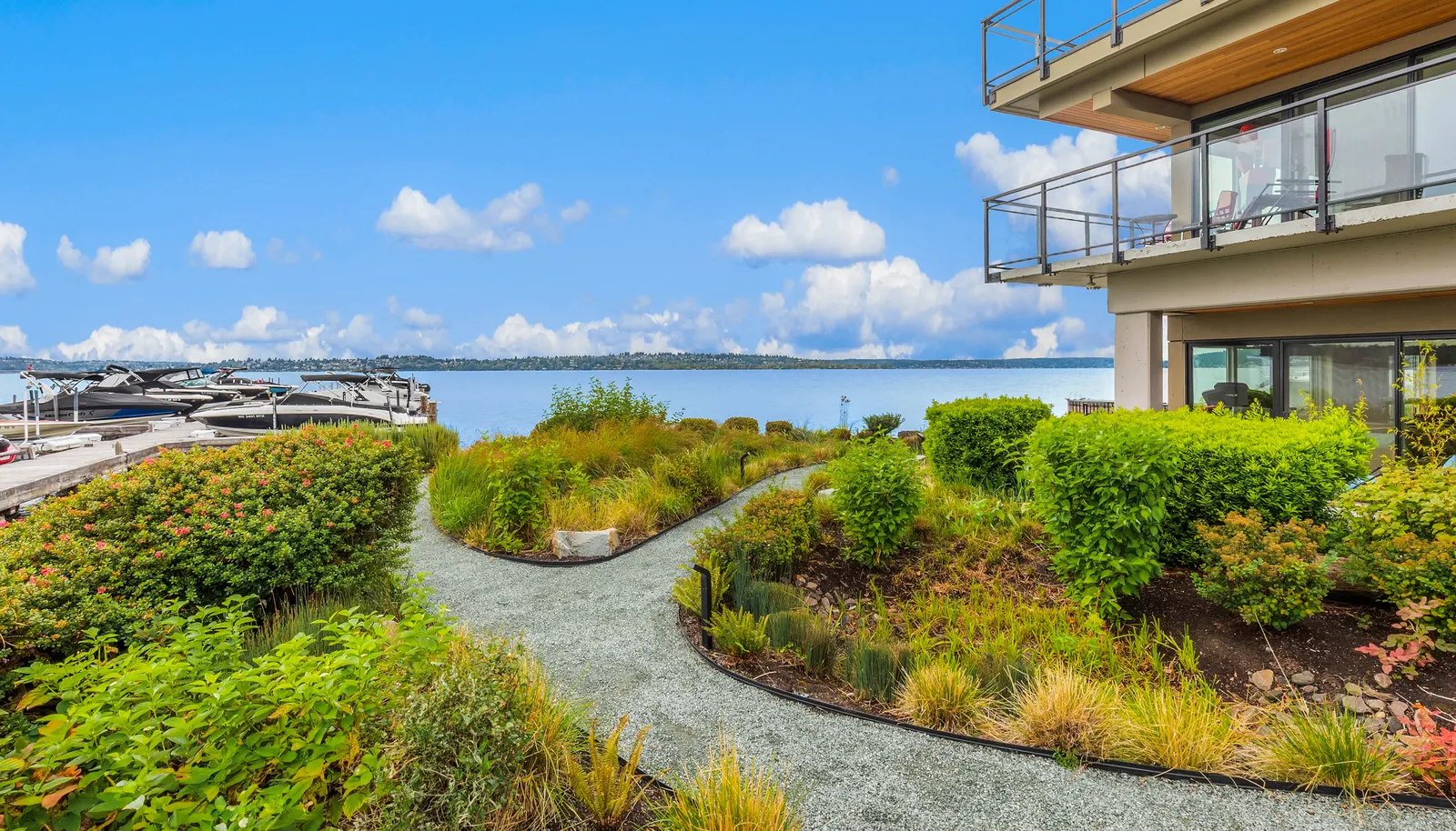 Landscaped path to common area on the water