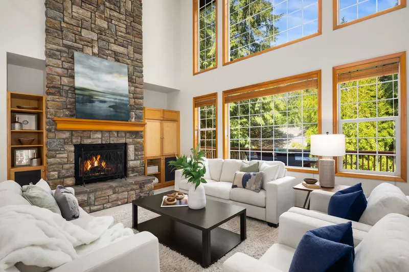 A striking stone fireplace, and a grand open great room is perfect for both intimate gatherings and large celebrations.
