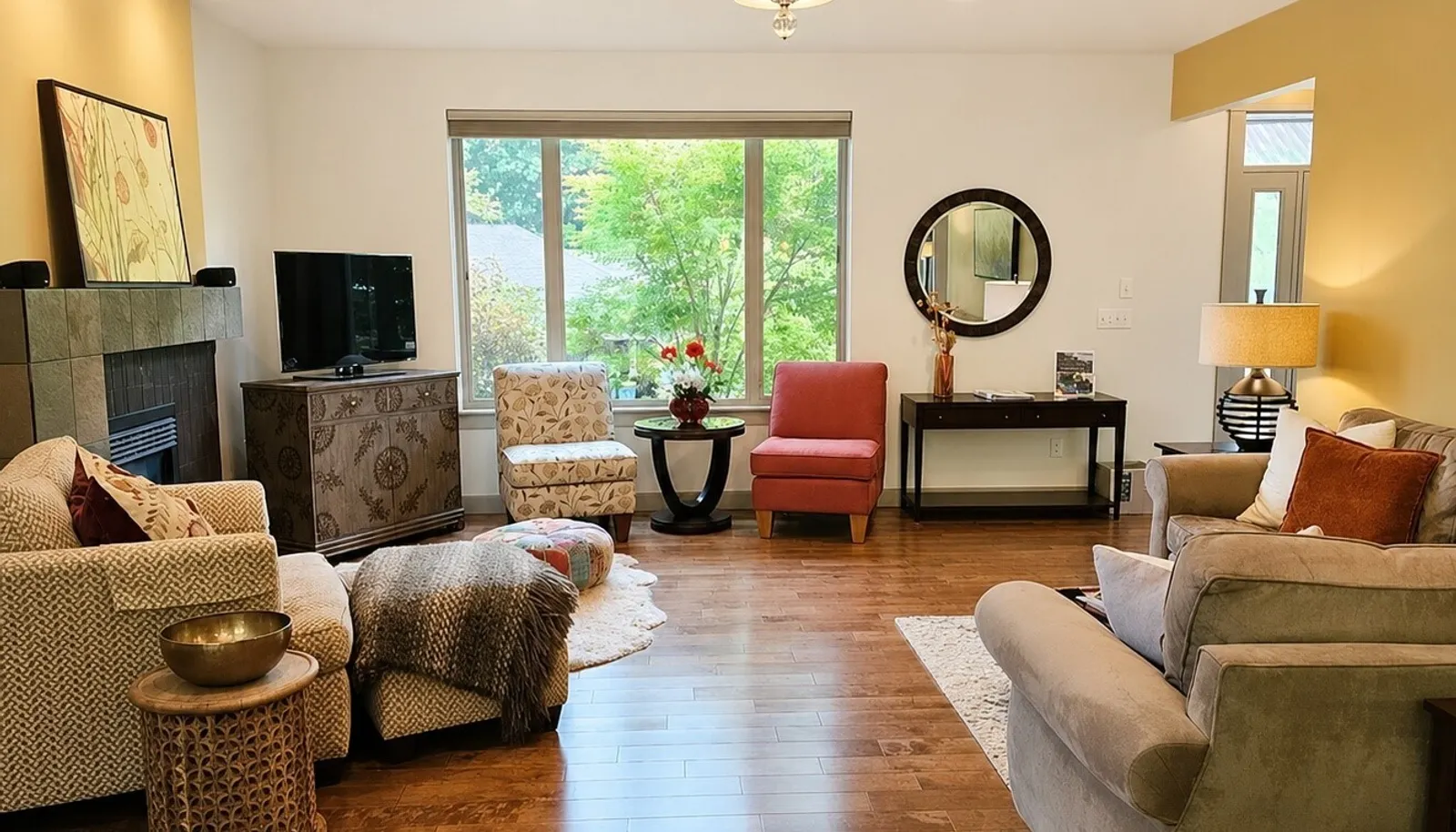 enjoy the custom fireplace while sitting in the spacious living room