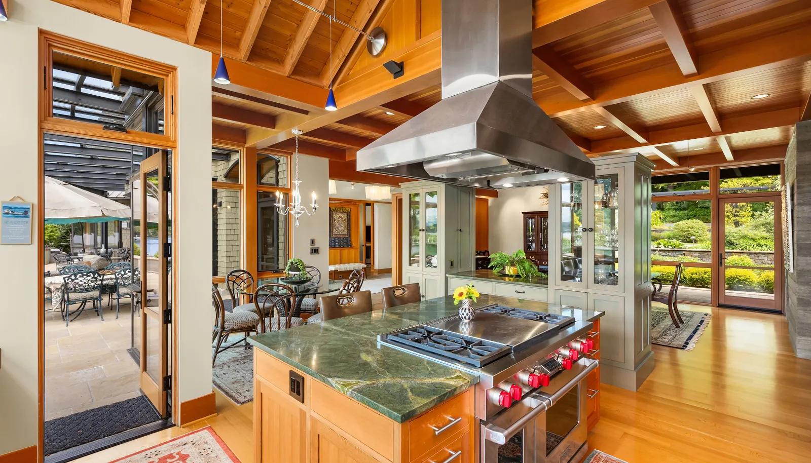 High end appliances and a large island with seating. 