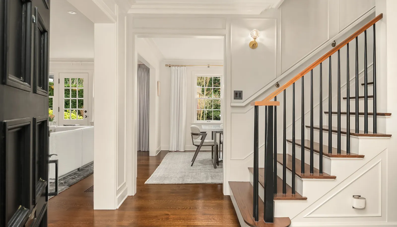 Straight ahead the dining room, the living room is to the left.