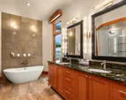 The primary bath with large soaking tub, oversized shower and of course, heated floors!