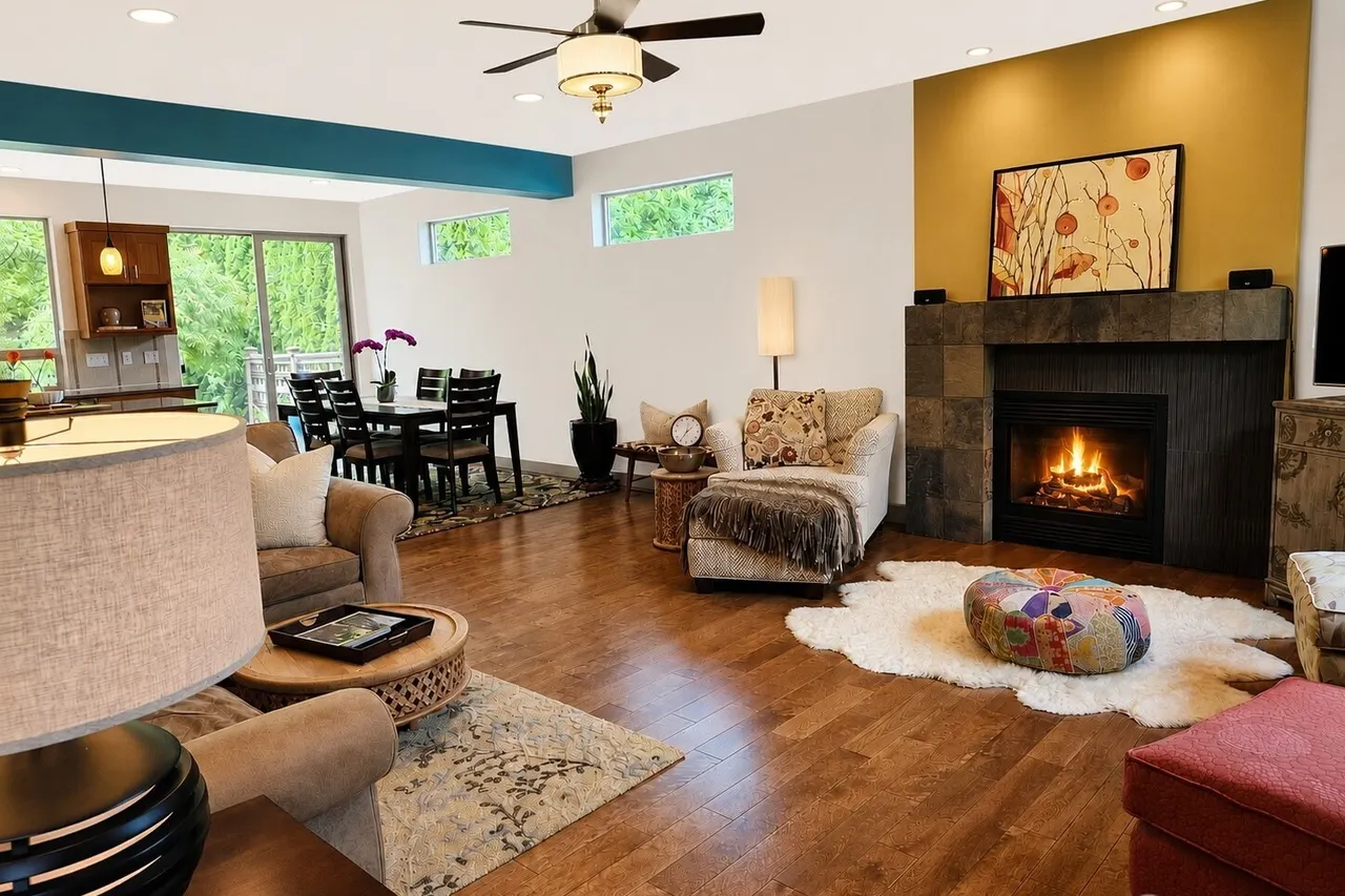 relax in this open concept living room and kitchen and dining area