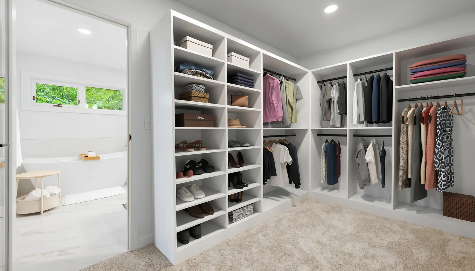 Virtually staged walkin closet.