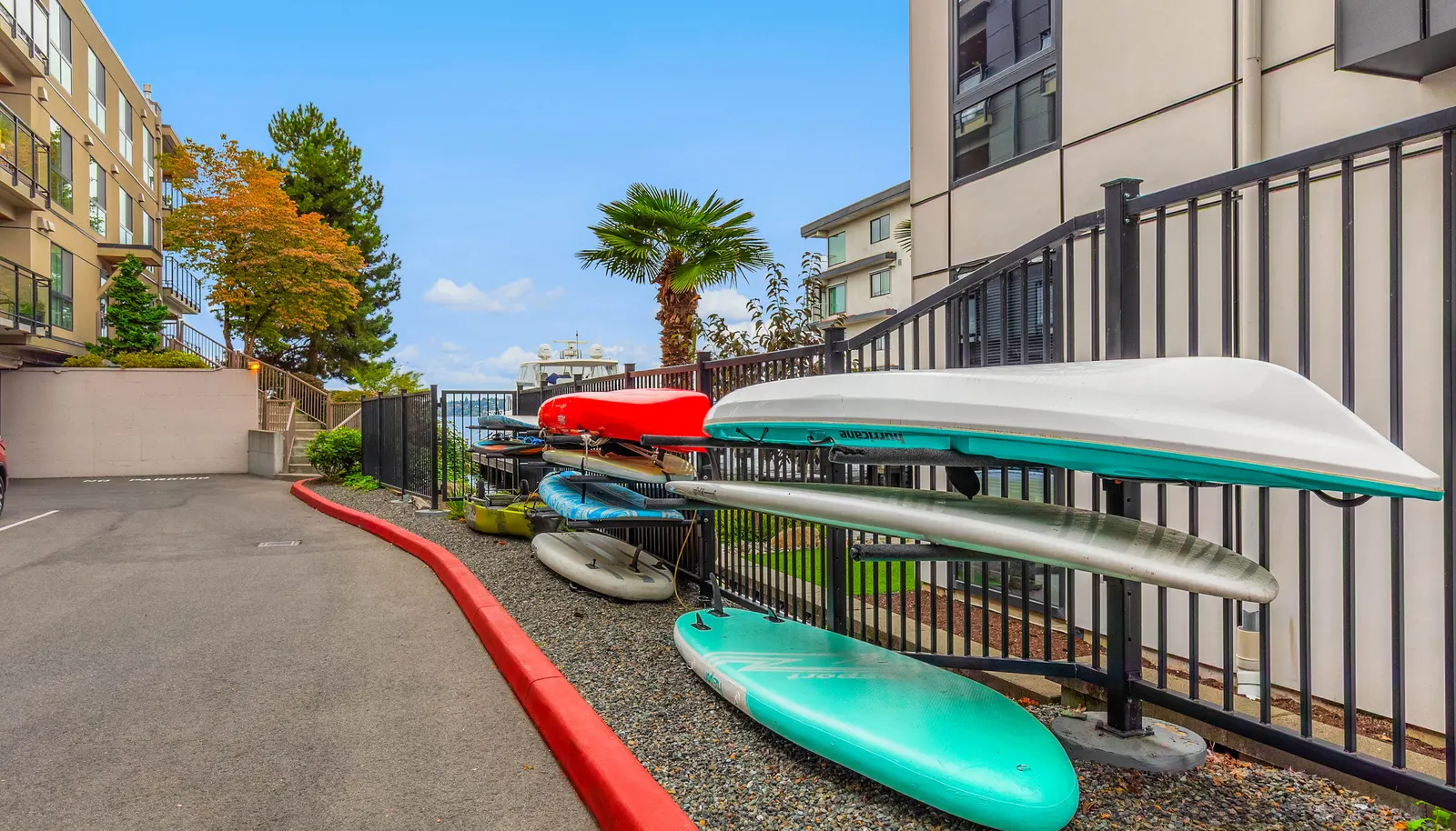 Fantastic paddleboard and kayak storage area with easy water access.