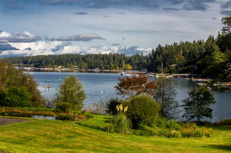 View from the wraparound deck with the pond on the left.